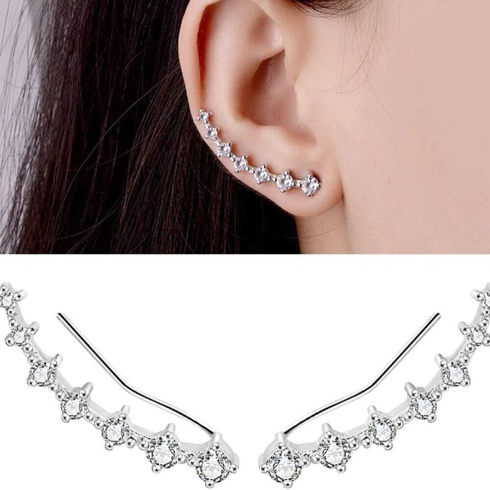 7 Crystals Stud Climbers Earrings S925 Sterling Silver Hypoallergenic Arete